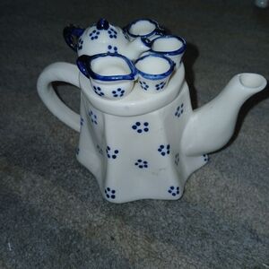 Blue and White Ceramic Teapot with Cups